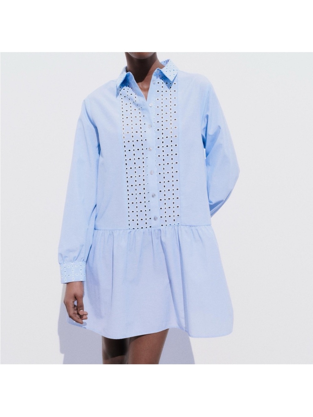 Zara Light Blue Long Sleeve Eyelet Shirt Dress - Picture 2 of 4